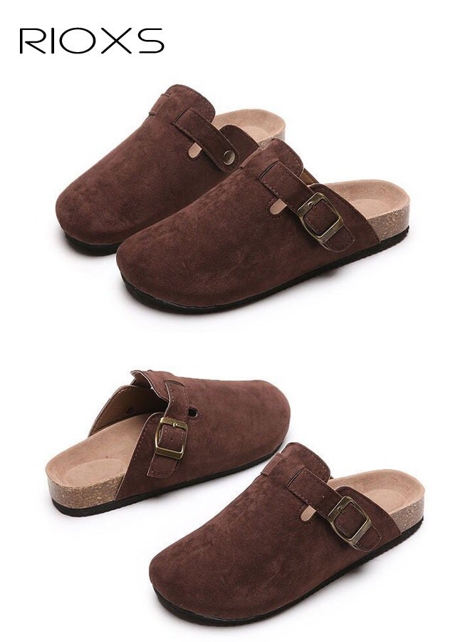 RIOXS Unisex Suede Clogs, Women's Flat Mules Men's Clogs Mules, Premium Suede Leather Clogs Sandals, Anti-Slip Flat Mules for Men Women, Classic Slip-On Closed Toe Slippers, Clog Potato Shoes with Arch Support, Soft Cork Footbed Adjustable Buckle Slip Sandals, Casual Clogs for Indoors Outdoor Activities, Wide Feet Friendly Clogs for Work and Weekend Outings, ​Coffer Brown Suede Mules - Image 3
